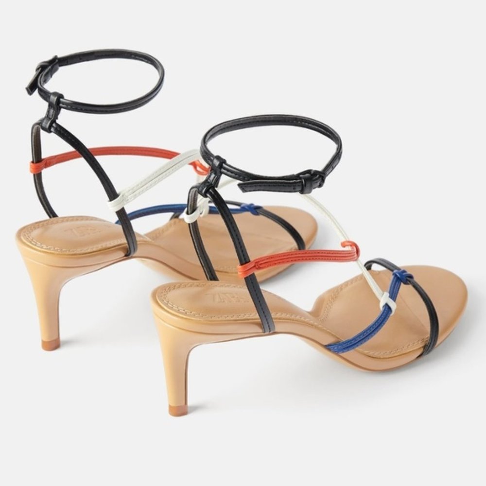 ZARA STRAPPY MULTI COLOR KITTEN HEELED SANDALS sz 38